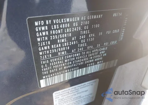 2014 Volkswagen Tiguan Sel z USA, uszkodzony, nr VIN WVGAV3AX7EW626003